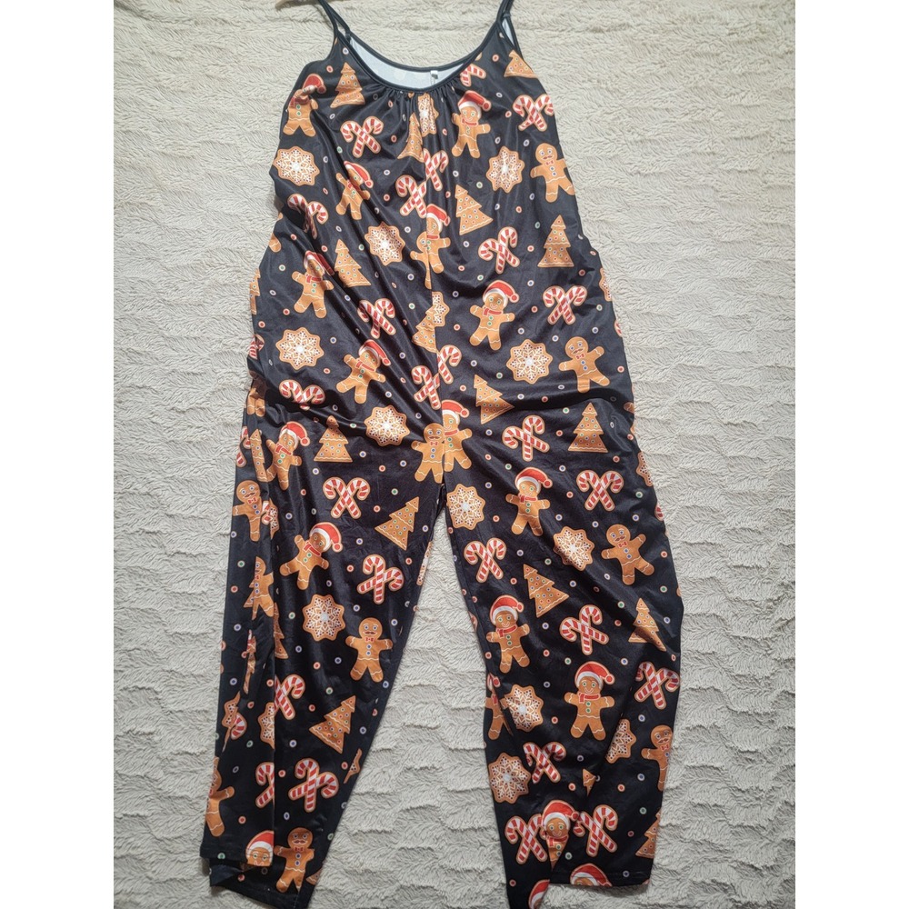 Christmas Gingerbread Candy Cane Print Jumpsuit Black XXL Wide Leg Sleeveless